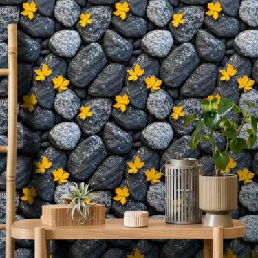 Imagem de Papel de parede amarelo folha de bordo parede de pedra PVC autoadesivo impermeável quarto sala de estar adesivo decorativo para móveis cinza 45 * 300 cm