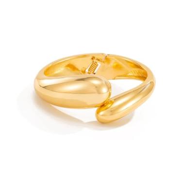 Imagem de Bracelete Grosso Dourado Articulado Gota Orgânico Fluido Minimalista-Pulseira Rígida Feminina Prata Aro Curva Arredondada Elegante Moderno-Presente Feminino Conteporâneo Luxo Manguito Dobradiça Bangle (Dourado)