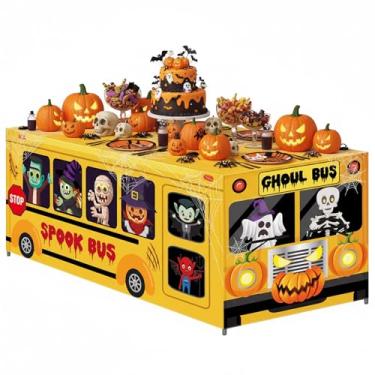 Imagem de Peryiter Toalha de mesa de ônibus escolar de 1,8 m, decoração de festa de aniversário, tema de ônibus escolar, tecido lavável, protetor de toalha de mesa retangular de poliéster para decoração de