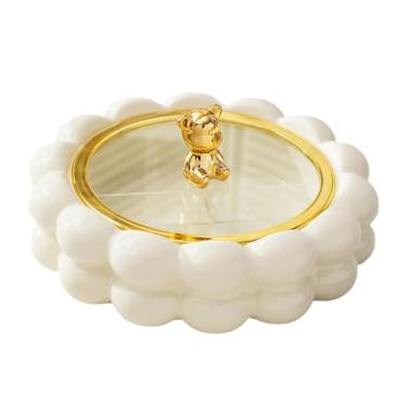 Imagem de Bandeja giratória para servir lanches com tampa, pratos de cerâmica divididos de 30 cm, prato de aperitivo redondo com 4 compartimentos, prato organizador removível de frutas secas branco 4