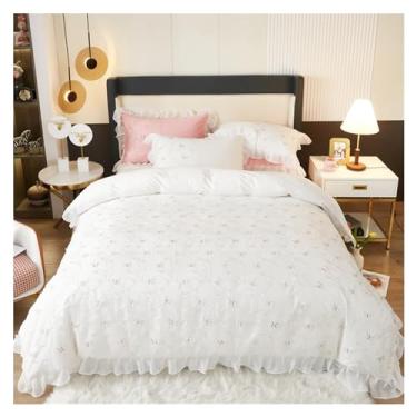 Imagem de Jogo de edredom de cetim branco 600 fios algodão chique renda e borboleta 3D decoração jogo de lençol de cama para meninas (branco ajustado queen 200 x 230 cm 4 peças)