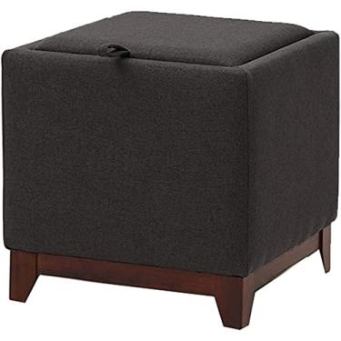 Imagem de Banqueta para os pés, armazenamento de tecido de linho, banquinho estofado, pufe otomano, apoio para os pés com pernas de madeira para sala de estar, quarto, corredor (cor: cinza escuro) casa dezembro