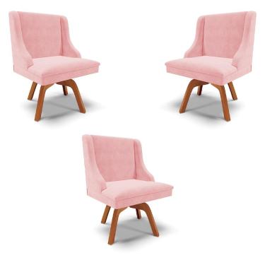Imagem de Kit 3 Cadeiras Decorativas Sala de Jantar Base Giratória de Madeira Firenze Suede Rosa Bebê/Natural G19 - Gran Belo