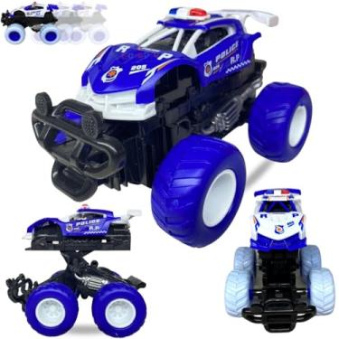 Imagem de Carro de Polícia de Brinquedo com Rodas de Borracha, Azul e Branco, Movimento por Fricção,Design Monster Truck
