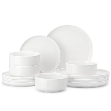 Imagem de MALACASA Conjunto de pratos e tigelas, 12 peças de louça de porcelana, resistente a lascas, conjunto de pratos de cerâmica resistente a lascas, serviço de jantar para 4, branco, série LUNA