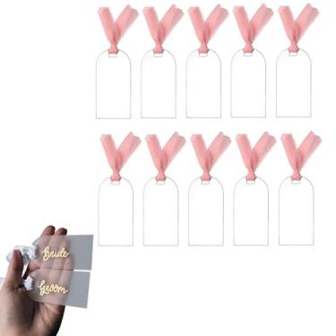 Imagem de 10 cartões de acrílico arqueados para casamento, cartões de nome transparentes para configuração de mesa, placas reservadas, etiquetas de presente em branco com fita para etiqueta de assento
