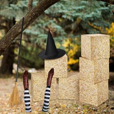 Imagem de Simgoing Conjunto de 5 peças com tema de bruxa de Halloween, chapéu de bruxa, vassouras de madeira com fardos de feno grandes, caixas de papel para bruxas, rosa e verde, adereços de cabine de fotos de