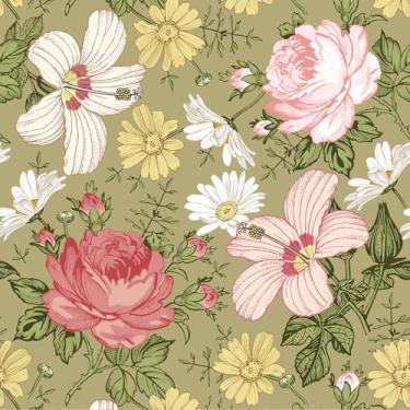 Imagem de VEELIKE Papel de parede floral verde mudo descasque e cole vintage rosas margaridas flores papel de parede para quarto de meninas 48 cm x 900 cm papel de contato floral autoadesivo para armários papel
