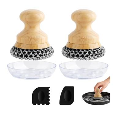 Imagem de Esfregador de frigideira de ferro fundido, limpador de panela com 2 raspadores, escova de corrente para pratos, panelas, panelas, chapas de grelha, churrasqueiras (grande 2 peças)