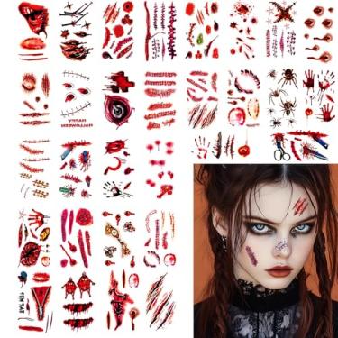Imagem de 30 folhas, mais de 220 peças, adesivos de tatuagem temporária de Halloween, adesivos de cicatrizes falsas de ferimentos realistas para maquiagem de zumbis e adereços de festa