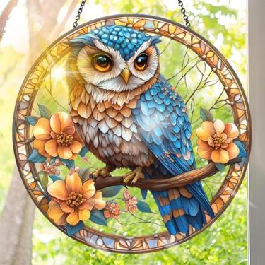 Imagem de Apanhador solar de acrílico colorido, decoração de janela suspensa de pássaros com design de vitral impresso, apanhador de sol, arte de parede de arco-íris, ideia de presente e ornamento de jardim