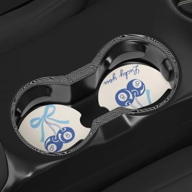 Imagem de Coquette Blue Bow Lucky 8 Ball Cherry Porta-copos de carro pacote com 2, porta-copos azul retrô moderno tapetes antiderrapantes para carro, mesa, bebidas, acessórios de decoração de 6 cm