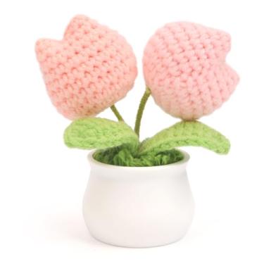 Imagem de Solarfun Mini vaso de tulipa de crochê feito à mão - decoração de flores de malha Amigurumi para mesa, casa, escritório, presente de agradecimento ao professor