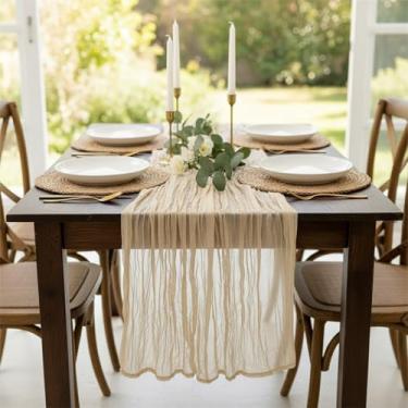 Imagem de Caminho de mesa de gaze bege 3 m, decoração de mesa de tecido de gaze para casamento, outono de 300 cm, ação de graças, festa de fazenda rústica boho, chá de bebê, aniversário e decoração de férias