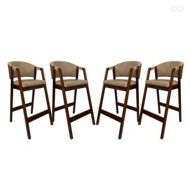 Imagem de Kit 4 Banquetas Alta para Ilha de Cozinha Ravena Madeira Maciça Capuccino Sintético Marrom Bege CCS