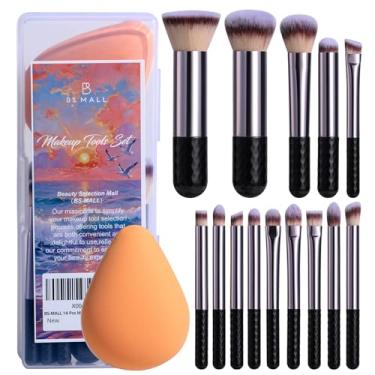 Imagem de BS-MALL Conjunto de 14 pincéis de maquiagem com esponja de liquidificador de beleza dupla face - pincel de base e esponja de maquiagem, coleção de pincéis de luxo premium para rosto e olhos, para