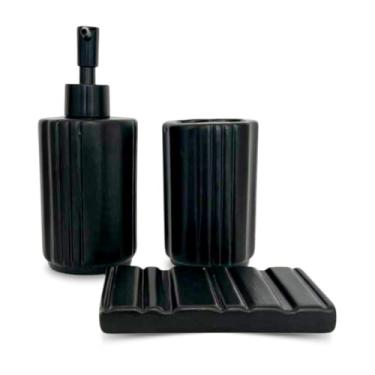 Imagem de Kit Banheiro 3 Peças de Ceramica Despenser Porta Escovas Saboneteira (Preto)