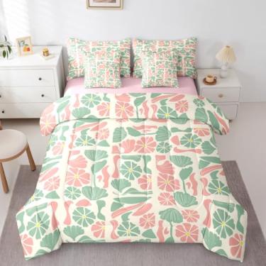 Imagem de Erosebridal Conjunto de edredom retrô abstrato, floral, boêmio, moderno, de meados do século, 7 peças, rosa, verde, flor, patchwork, geométrico, vintage, retrô, botânico