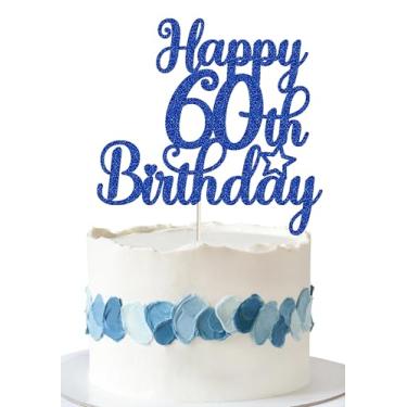 Imagem de Topo de bolo de feliz aniversário de 60 anos, decorações de festa de aniversário de 60 anos, topo de bolo de feliz aniversário de 60 anos para mulheres, glitter azul 60 decorações de festa de