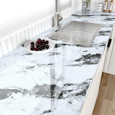Imagem de EPPKILY Papel de contato de mármore branco prateado para bancadas, 40 x 39 cm, papel de parede de mármore preto brilhante, autoadesivo, à prova d'água, para armários, cozinha, mesa, banheiro, vinil