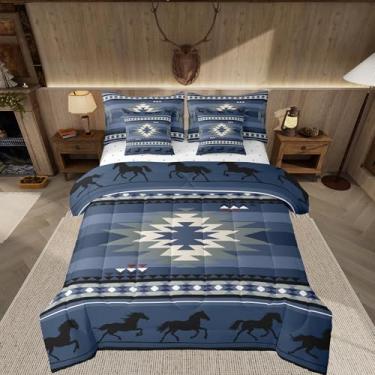 Imagem de Feelyou Conjunto de edredom azul rústico ocidental com lençol asteca do sudoeste de 7 peças, solteiro, para decoração de quarto de crianças, meninos, meninas, boêmio, geométrico, ocidental, cama em