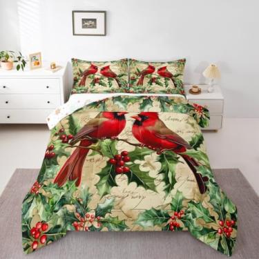 Imagem de Conjunto de cama king size para decoração de Natal, cardeais vermelhos, conjunto de edredom de 3 peças, para decoração de quarto de meninas, meninos, adolescentes, vintage, casa de fazenda, colcha