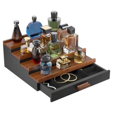 Imagem de TIRYIUOU Organizador de perfume de colônia para homens: suporte de perfumes de madeira de 4 níveis, suporte de papel de mesa prateleira de exibição de madeira com armário, armário de quarto, loção de