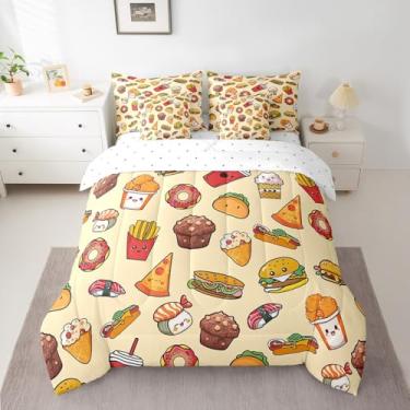 Imagem de Jogo de cama casal, 7 peças, fast food, pizza, hambúrguer, conjunto de lençol, fronha e fronha, batatas fritas, cupcake, sobremesas, decoração de quarto