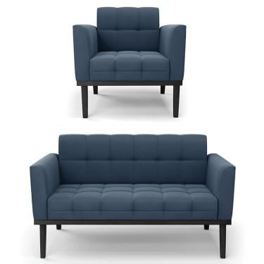 Imagem de Sofá Namoradeira E 1 Poltrona Base Madeira Preto Ana Suede Azul Marinho - Ibiza