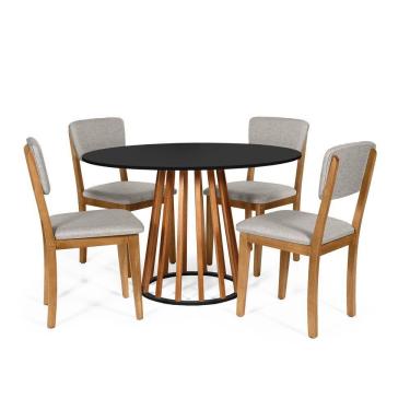 Imagem de Mesa De Jantar Redonda Gabi Nat/pret Com 4 Cadeiras Estofadas Ella Cinza Claro