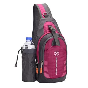 Imagem de Mochila tiracolo impermeável, resistente ao desgaste, bolsa transversal com suporte de garrafa de água removível, para esportes, bicicleta, trilhas, viagens (verde), Rosa, M