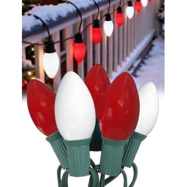 Imagem de Pallerina Luzes de Natal C9 de 6,5 m ao ar livre, luzes de Natal C9 vermelhas e brancas com 26 lâmpadas de cerâmica (1 sobressalente), luzes de Natal incandescentes conectáveis para decoração de casa