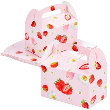 Imagem de Caixa de lembrancinhas de festa de aniversário de morango - Sacos de presente rosa com tema de baga dupla face para chá de bebê, presente de doces de celebração de primeiro aniversário para crianças