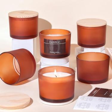 Imagem de LAMORGIFT Pacote com 6 frascos de vela de vidro âmbar de 473 ml, frascos de velas grandes para fazer velas, recipientes de vela foscos, recipientes a granel com tampas e etiquetas para bricolagem