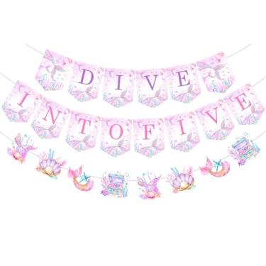 Imagem de Sursurprise Decorações de aniversário de sereia para meninas, mergulhe em cinco faixas, kit de faixa de aniversário de sereia, oceano sob o mar, suprimentos de festa de aniversário de 5 anos