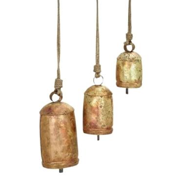 Imagem de Sinos de vaca dourados vintage grandes para decoração de Natal rústica conjunto de 3 sinos de vaca harmonia vintage feitos à mão rústico Lucky (Sino rústico de latão e cobre, 4,6, 20 cm)
