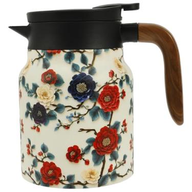 Imagem de Bule de chá vintage de 1000 ml, bule térmico de aço inoxidável com alça e infusor embutido, chaleira isolada, jarra de café a vácuo com tampa, infusor isolado para casa (branco)