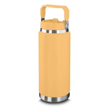 Imagem de Garrafa Térmica Aço Inox 900ml (Isolamento a Vácuo) c/Parede Dupla e Pintura a Pó – Conserva 12h Gelado / 8h Quente – Antivazamento c/Alça e Canudo (Amarelo)