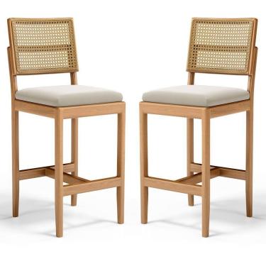 Imagem de Kit Com 2 Banqueta Milena Madeira Maciça Assento Estofado Encosto De Tela Palha Sextavada Veludo Bege 102