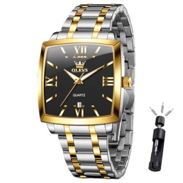 Imagem de OLEVS Relógio masculino minimalista, com diamante, moderno, analógico, quartzo, retangular, impermeável, aço inoxidável, luminoso, com data (prata/ouro rosa), G2926-Ouro Preto, square, Relógio de luxo
