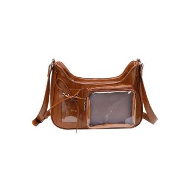 Imagem de KeAiDMon Y2k Bolsa de ombro fashion Kawaii Lolita Ita Bolsa para exibição de crachá com duas janelas transparentes, Marrom, Small