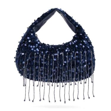 Imagem de NEWBELLA Elegante bolsa clutch de cetim plissada com glitter e diamante embelezada para festas de formatura de casamento, Azul, Casual