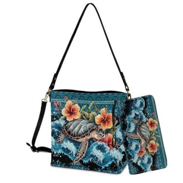 Imagem de Sannovo Conjunto de 2 bolsas femininas de couro, bolsa de ombro grande, bolsa tiracolo Hobo com carteira, Tartaruga marinha azul-azteca hibisco