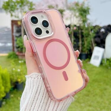 Imagem de Capa magnética a laser com efeito degradê para iPhone 17, 16 Pro, 14, 15 Plus, 13, 12, 11 Pro Max, à prova de choque, com borda reforçada em acrílico, rosa, para iPhone 16e.