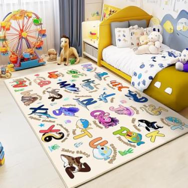 Imagem de Bolacrom Tapetes infantis para sala de jogos, tapete educativo para aprender o alfabeto ABC, macio, lavável na máquina, antiderrapante, fofo, organismos marinhos para sala de aula, berçário, decoração