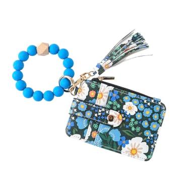 Imagem de Carteira feminina Boho com contas de pulso – Porta-cartões com estampa floral com borla, pulseira de contas de silicone, porta-chaves com zíper e porta-moedas para identidade para mulheres, Azul
