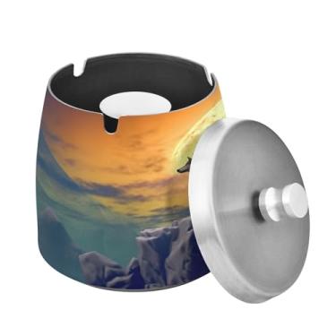 Imagem de Blueangle Cinzeiro de lobo solitário uivando com tampa para cigarros, à prova de vento/chuva, aço inoxidável, sem fumaça, inodoro, cinzeiro para uso interno ou externo (326)