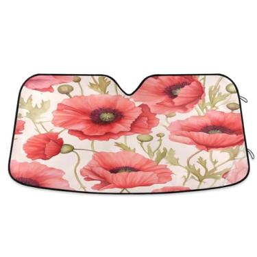Imagem de ATTX Para-brisa de carro flor de papoula rosa 144.8 cm x 80.0 cm escudo solar universal com proteção UV, persiana de janela frontal automática dobrável para caminhões Sedans SUVs #52