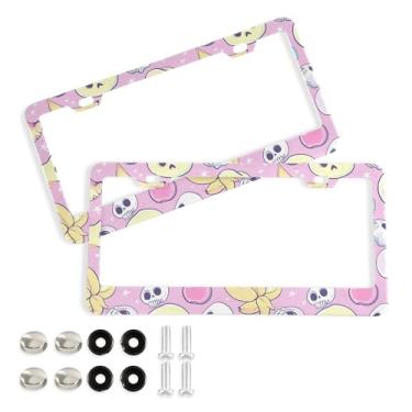 Imagem de SEHANY Molduras de placa de carro vintage rosa crânio, capas de alumínio à prova de ferrugem com furos elípticos e parafusos serve para veículos padrão dos EUA tamanho acessórios de carro para