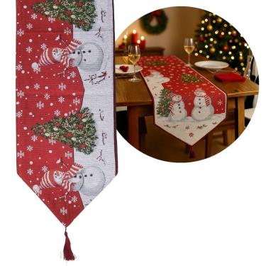 Imagem de Caminho de Mesa Gobelin Natal Premium 180x33cm Estampa Boneco de Neve e Árvore de Natal